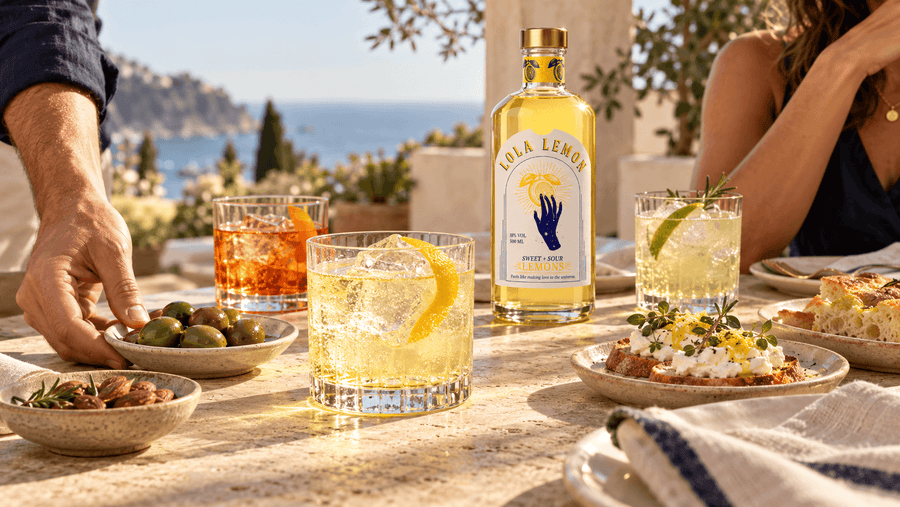 Drei Aperitifgläser und eine Flasche LOLA Lemon mit Oliven, Mandeln und Crostini auf einer sonnigen Terrasse mit Meerblick.