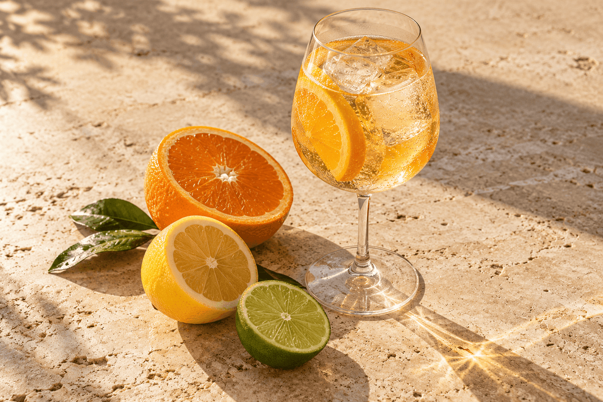Ein Aperitif mit Eis neben aufgeschnittener Orange, Zitrone und Limette auf hellem Travertin im warmen Sonnenlicht.