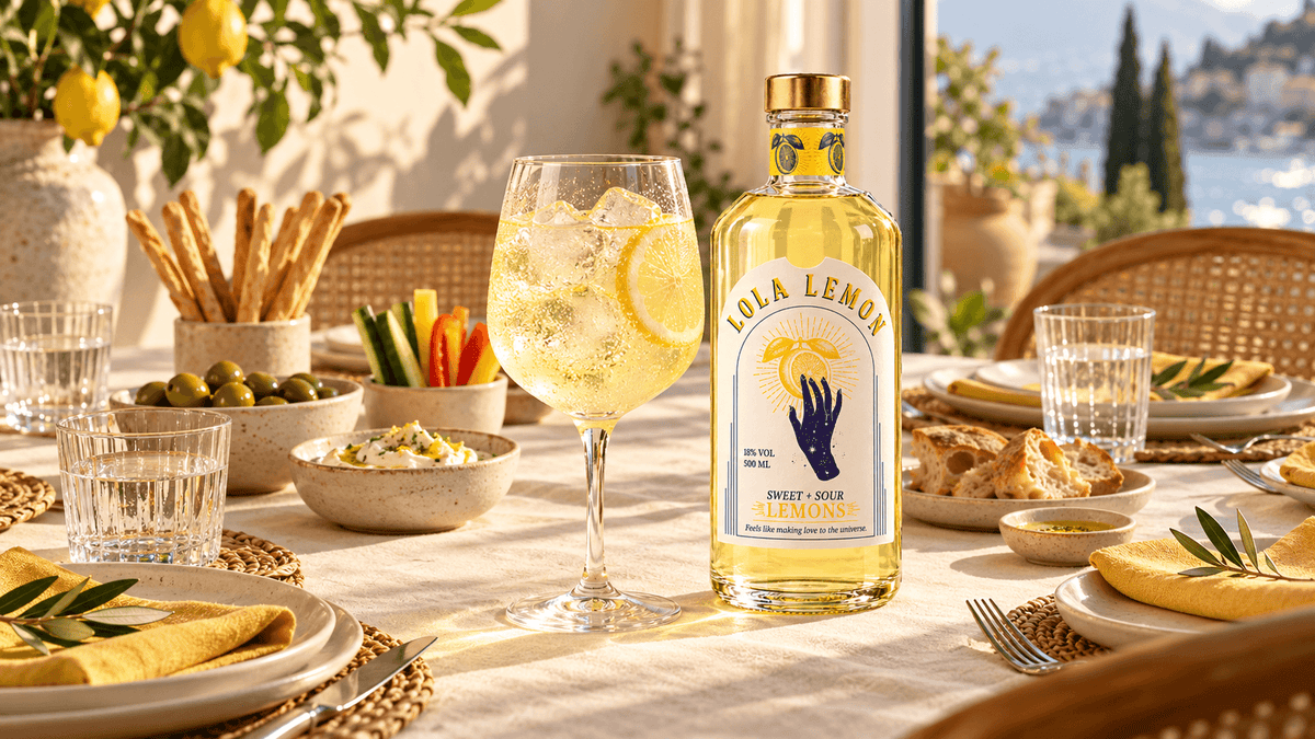 LOLA Lemon und ein Lemon Spritz auf einem gedeckten Tisch für vier mit kleinen Snacks, gelben Servietten und warmem Sonnenlicht.